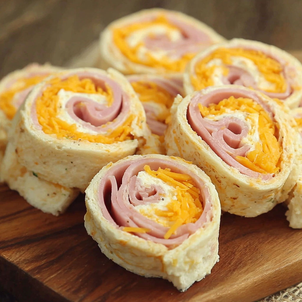 A plate of ham cheese pinwheels rolls.