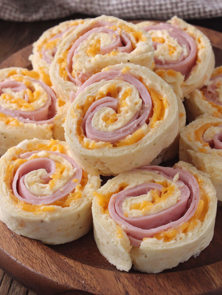 A plate of ham cheese pinwheels rolls.