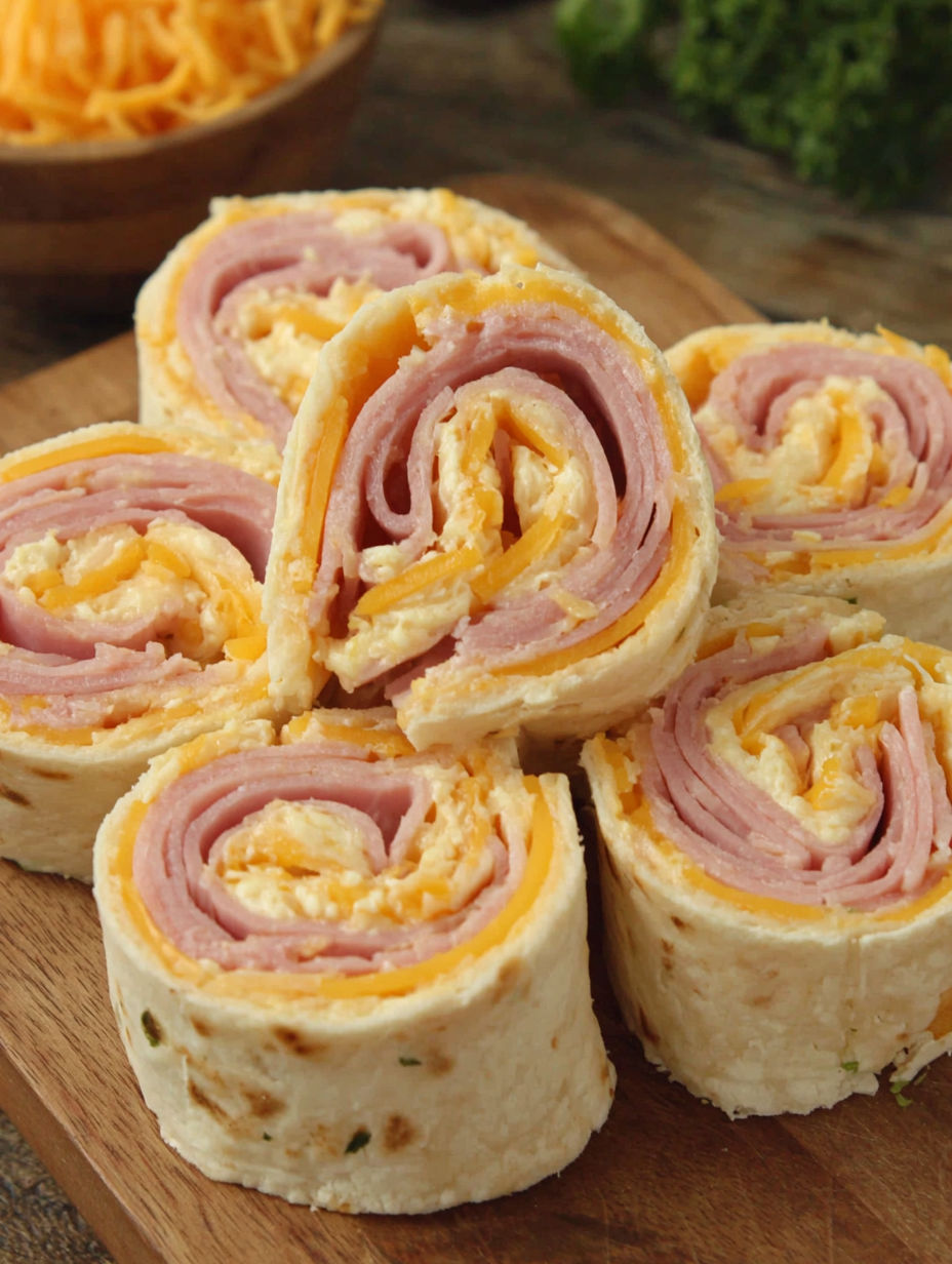 A plate of ham cheese pinwheels rolls.