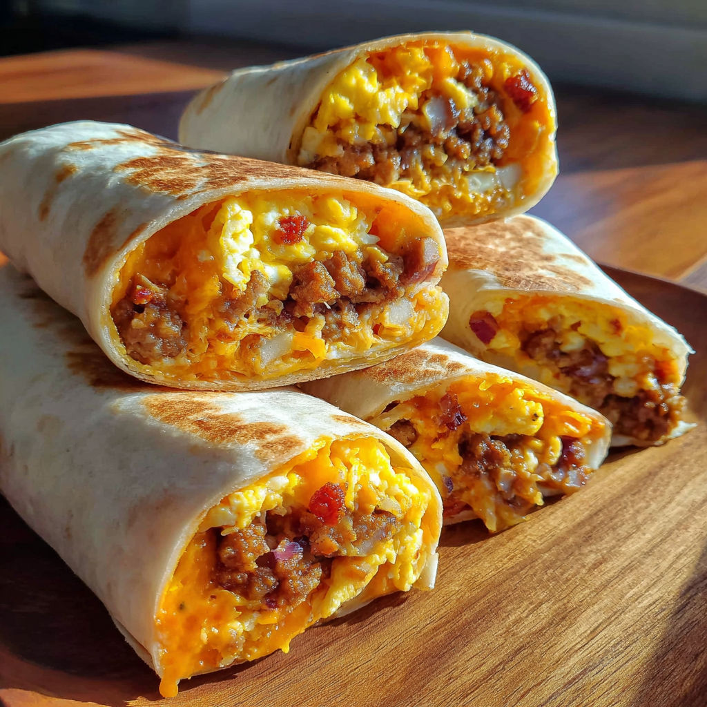 Three high-protein breakfast burritos on a wooden table.