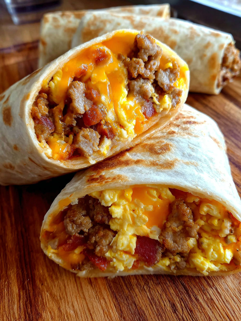 Two high-protein breakfast burritos with meat and eggs.
