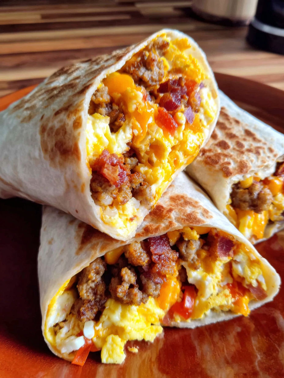 A breakfast burrito with eggs, bacon, and cheese.