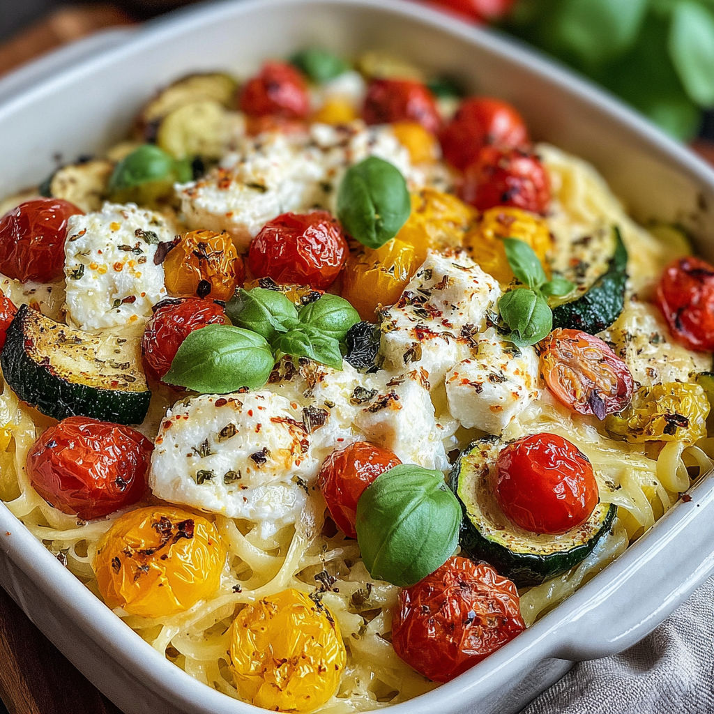 A bowl of pasta with vegetables and feta cheese.