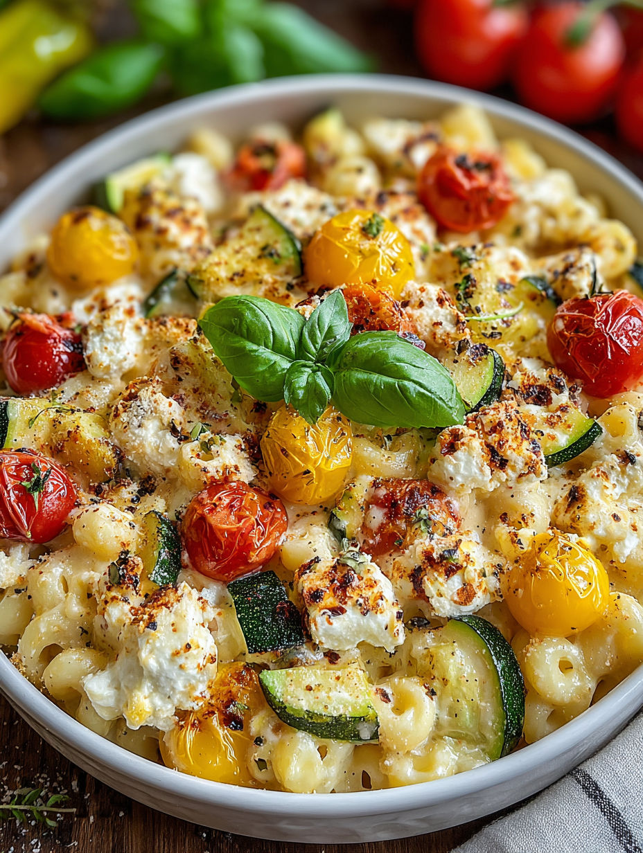 A bowl of pasta with vegetables and feta cheese.