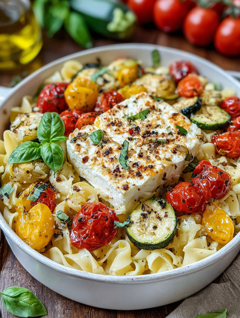A dish of pasta with vegetables and feta cheese.