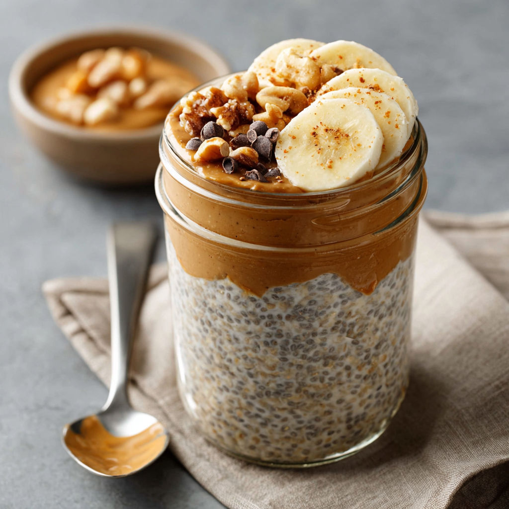 A glass jar of peanut butter banana oatmeal.