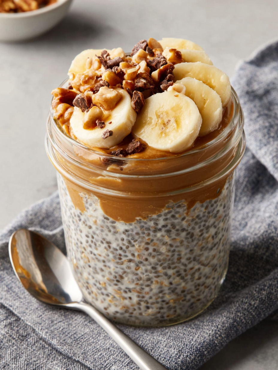 A glass jar of peanut butter banana oatmeal.