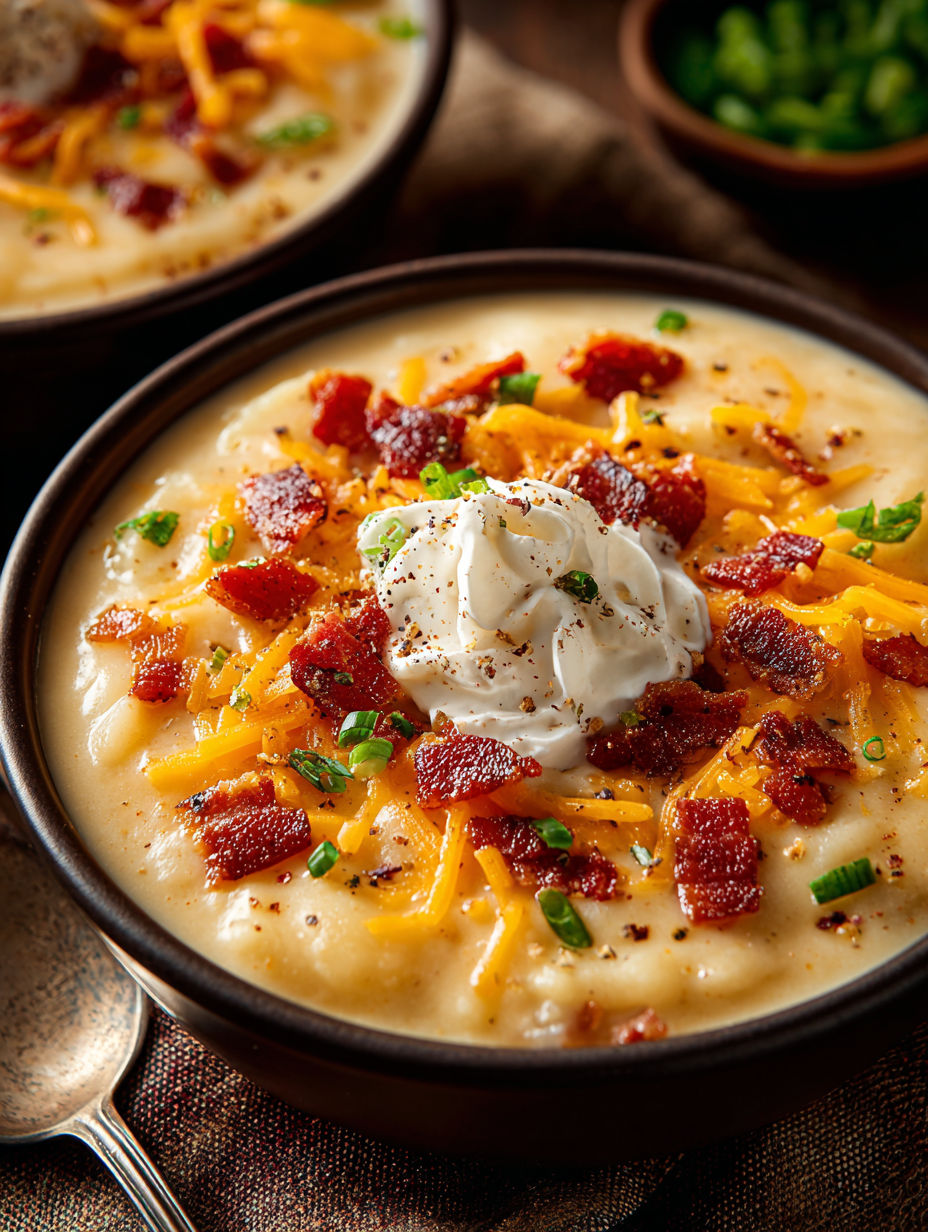 A bowl of soup with bacon and cheese.