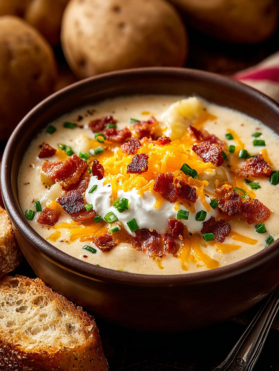 A bowl of soup with bacon and cheese on top.