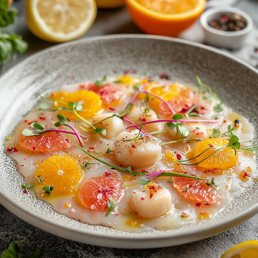 A plate of food with a slice of lemon on top.