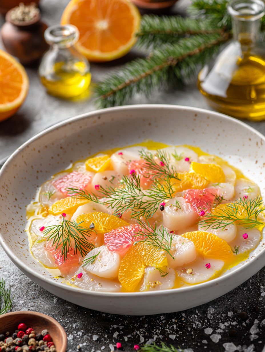 A bowl of food with a slice of orange on top.