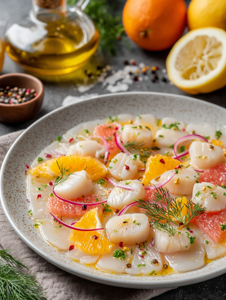 A plate of food with a slice of lemon on top.