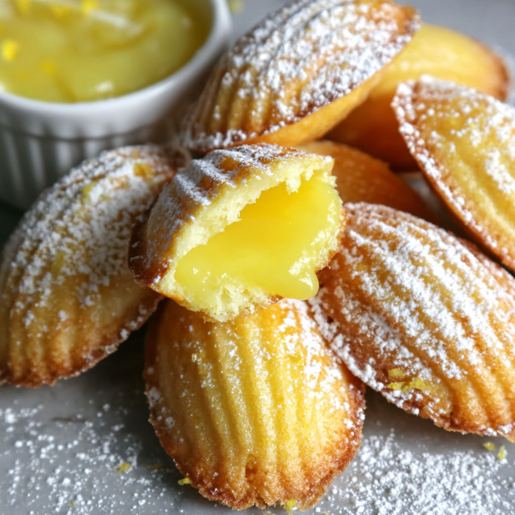 A plate of madeleines with lemon curd.