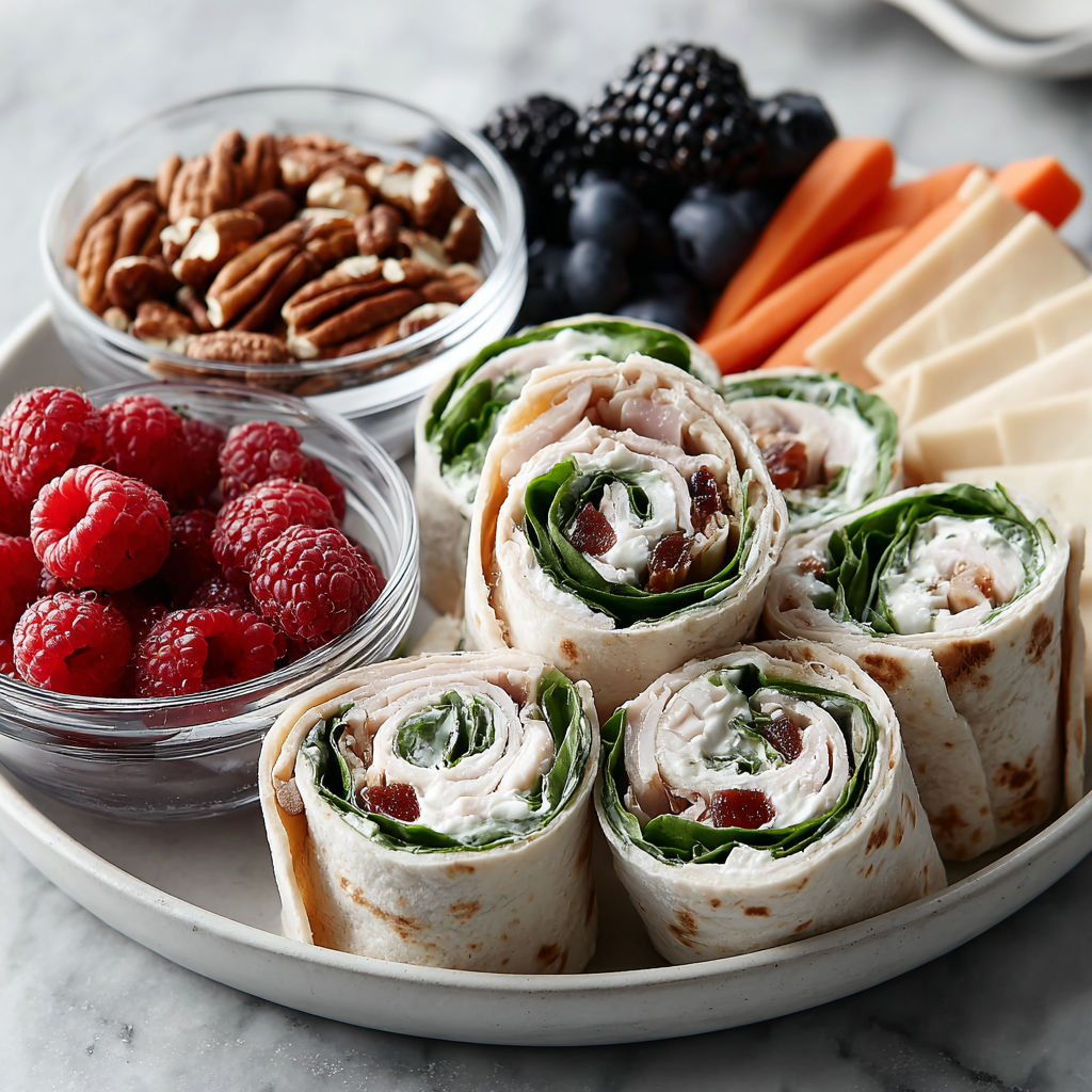 A plate of food with a variety of items including a turkey pinwheel, raspberries, blueberries, and cheese.