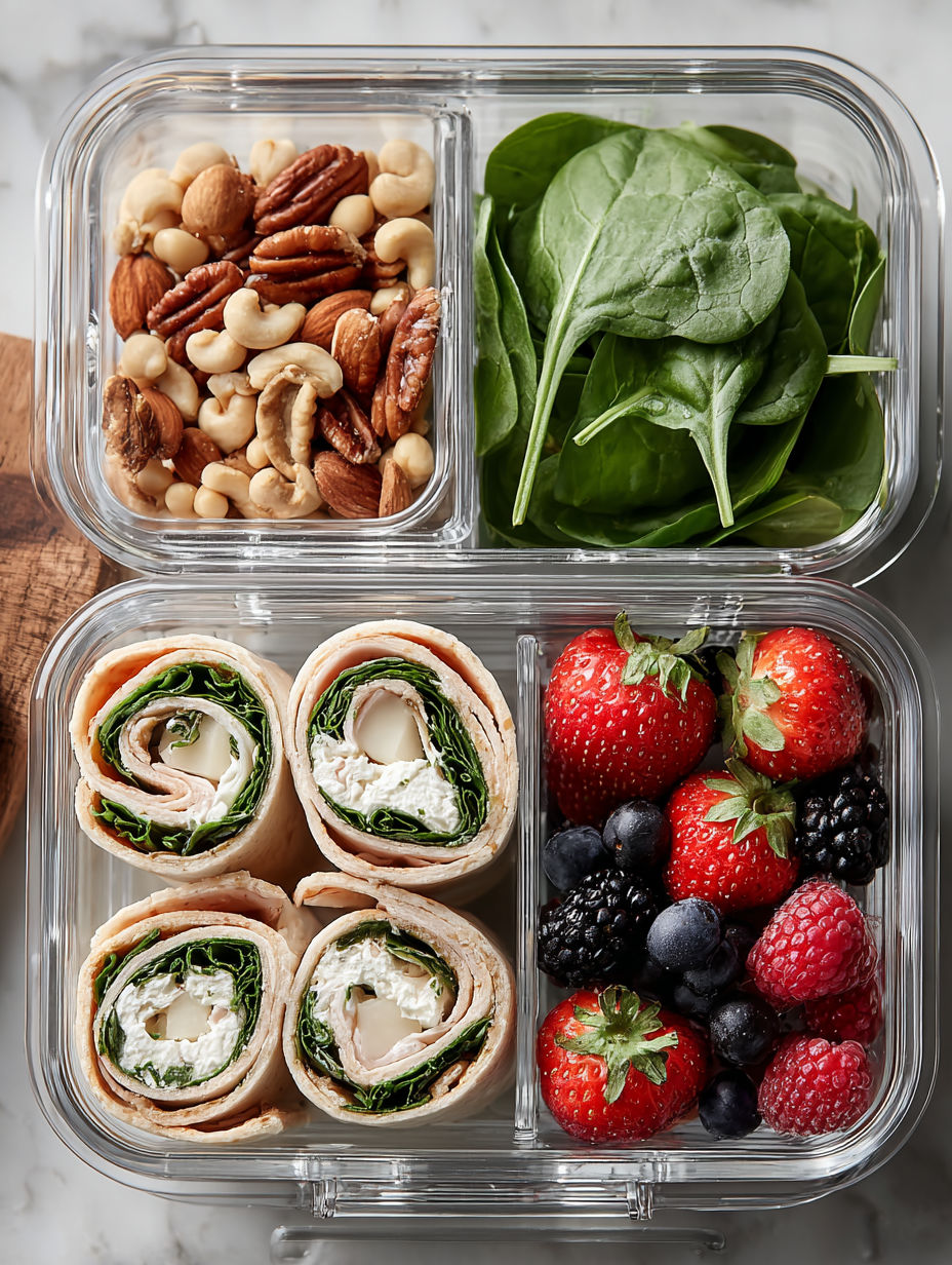 A container with a variety of foods including strawberries, spinach, and nuts.