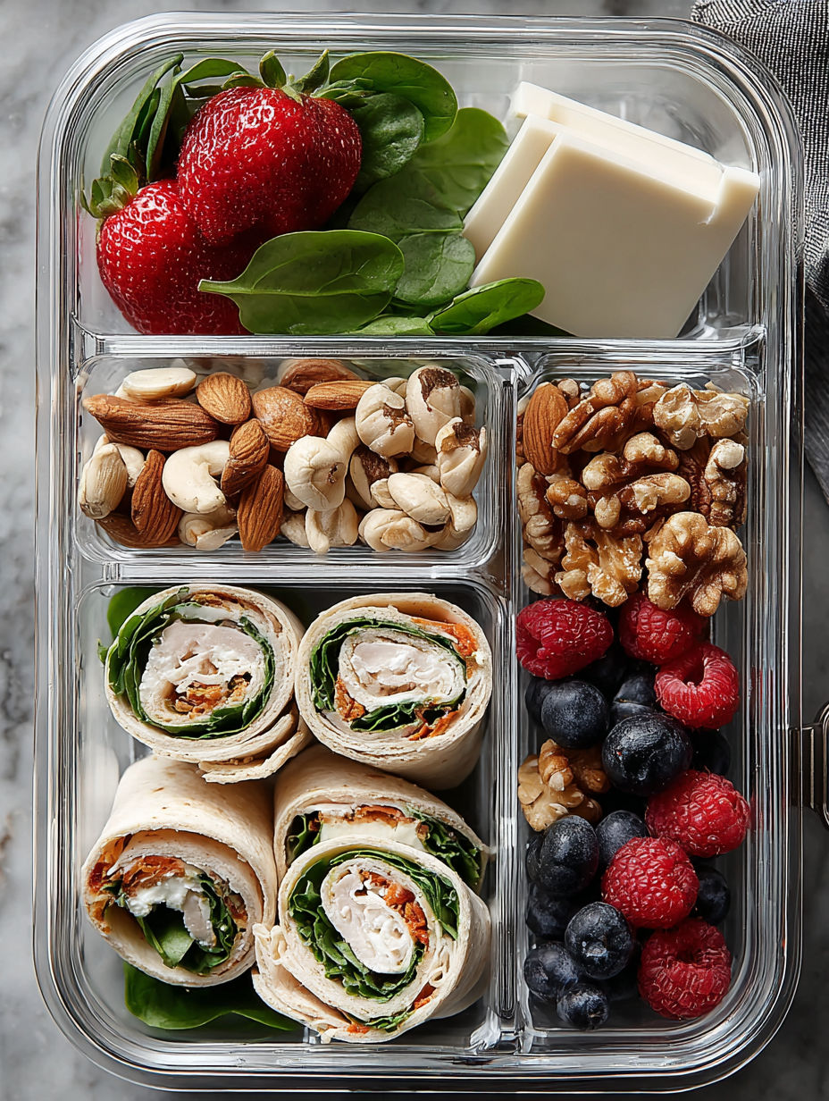 A container of food with a turkey pinwheel, nuts, and berries.