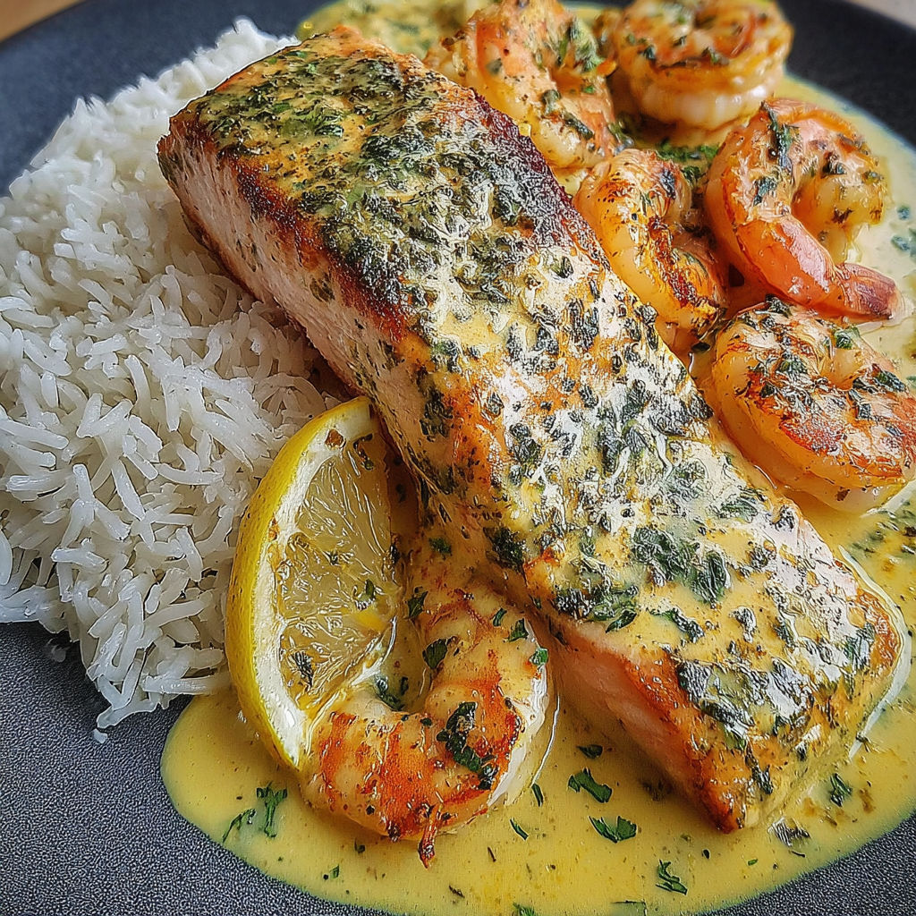 A plate of food with shrimp and salmon.