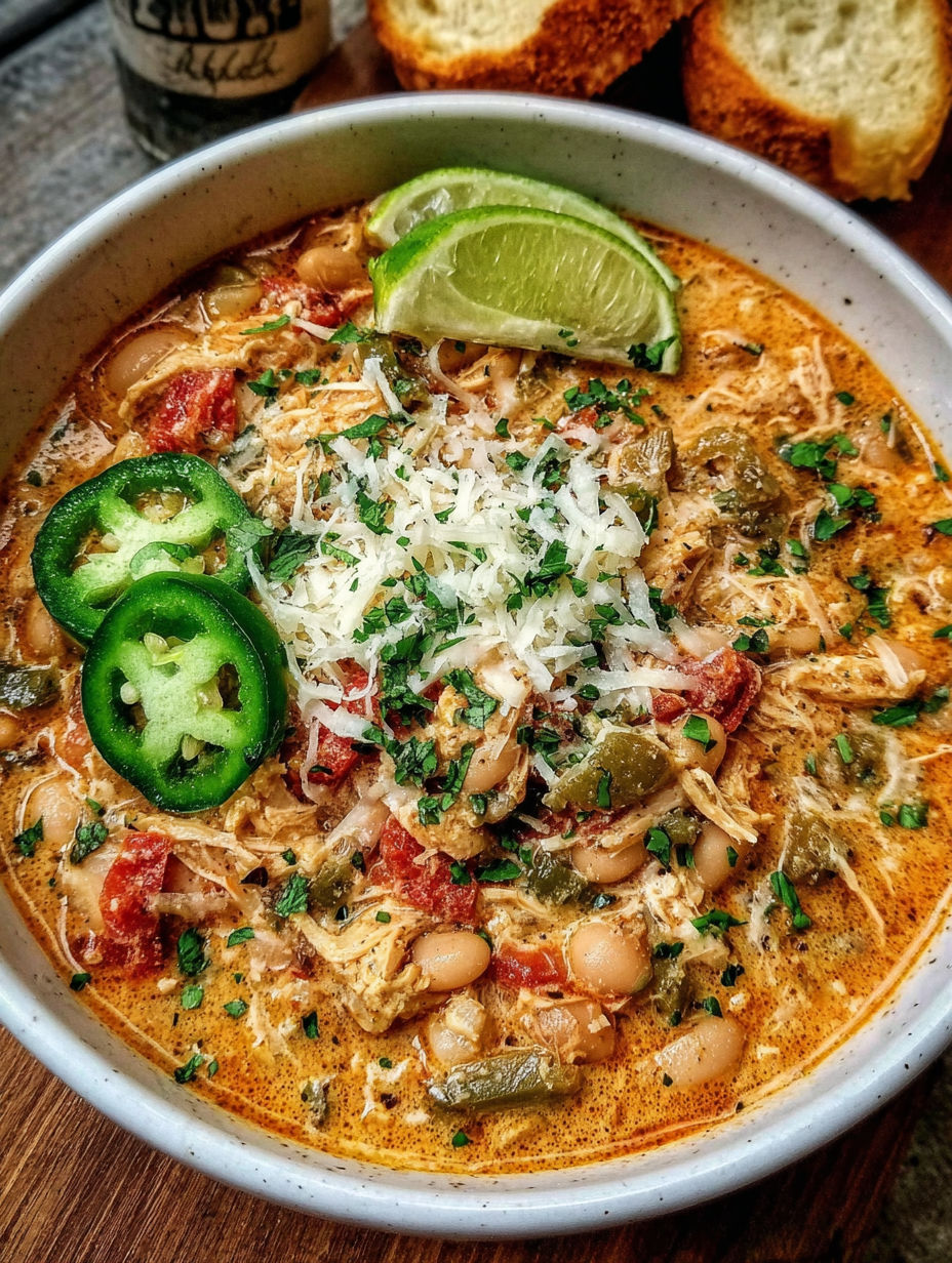 A bowl of Cajun White Chicken Chili with green peppers and limes.