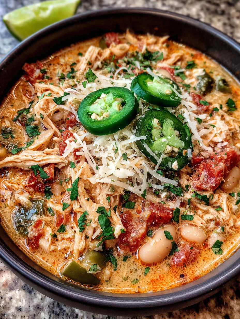 A bowl of Cajun White Chicken Chili with green peppers and jalapenos.