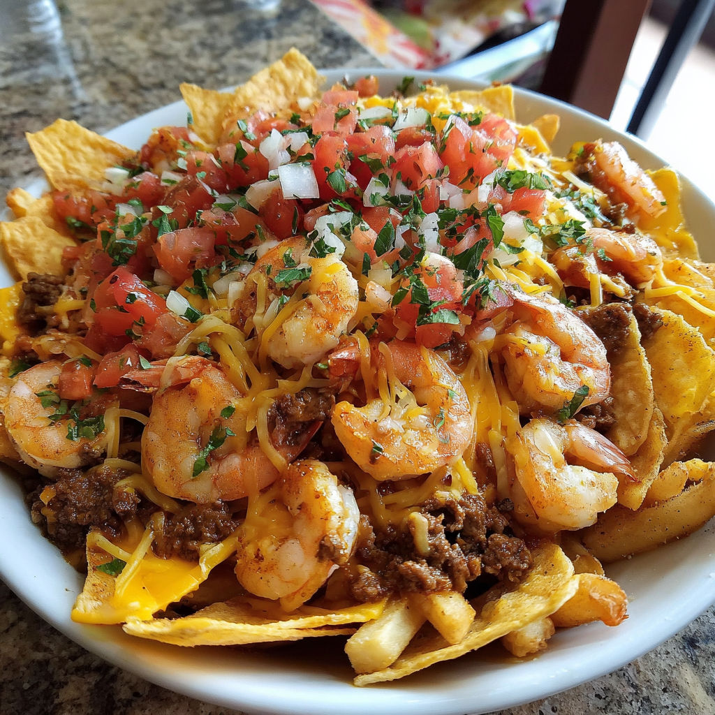 A plate of nacho fries with shrimp and beef.