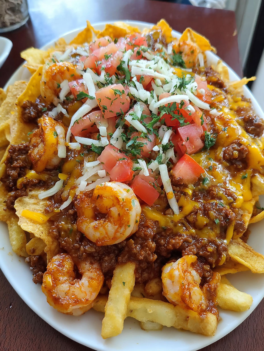 A plate of nachos with shrimp and beef toppings.