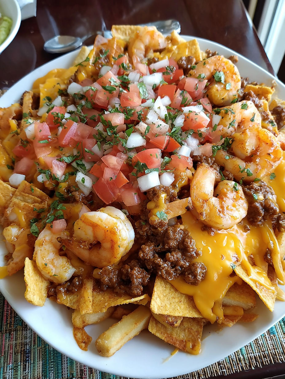 A plate of nachos with shrimp and beef toppings.