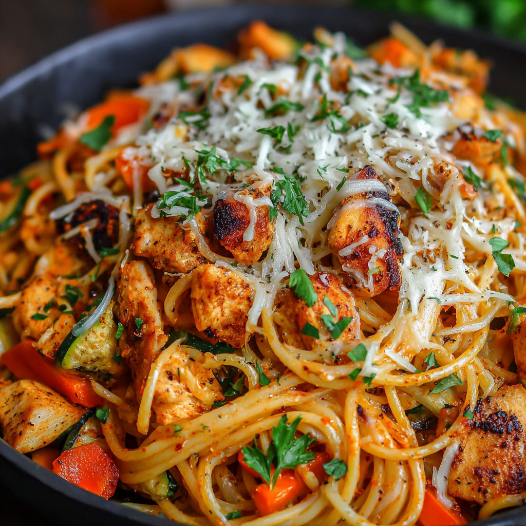 A bowl of garlic butter chicken spaghetti.
