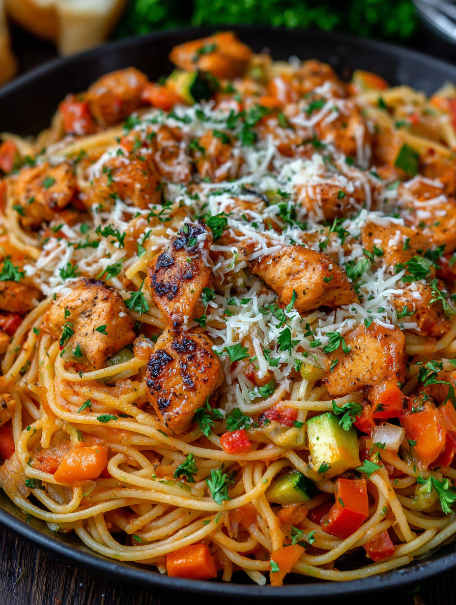 A plate of garlic butter chicken spaghetti.