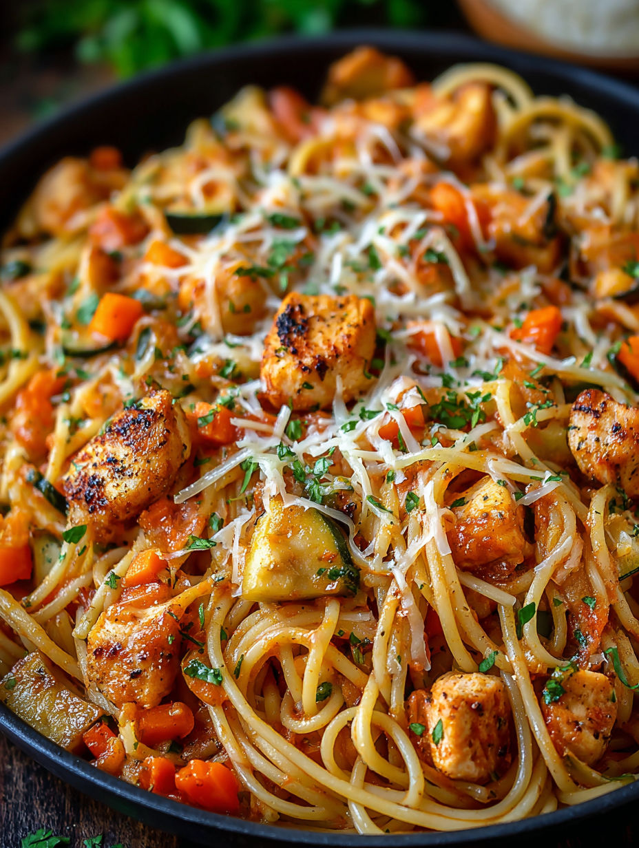 A close up of a delicious garlic butter chicken spaghetti dish.
