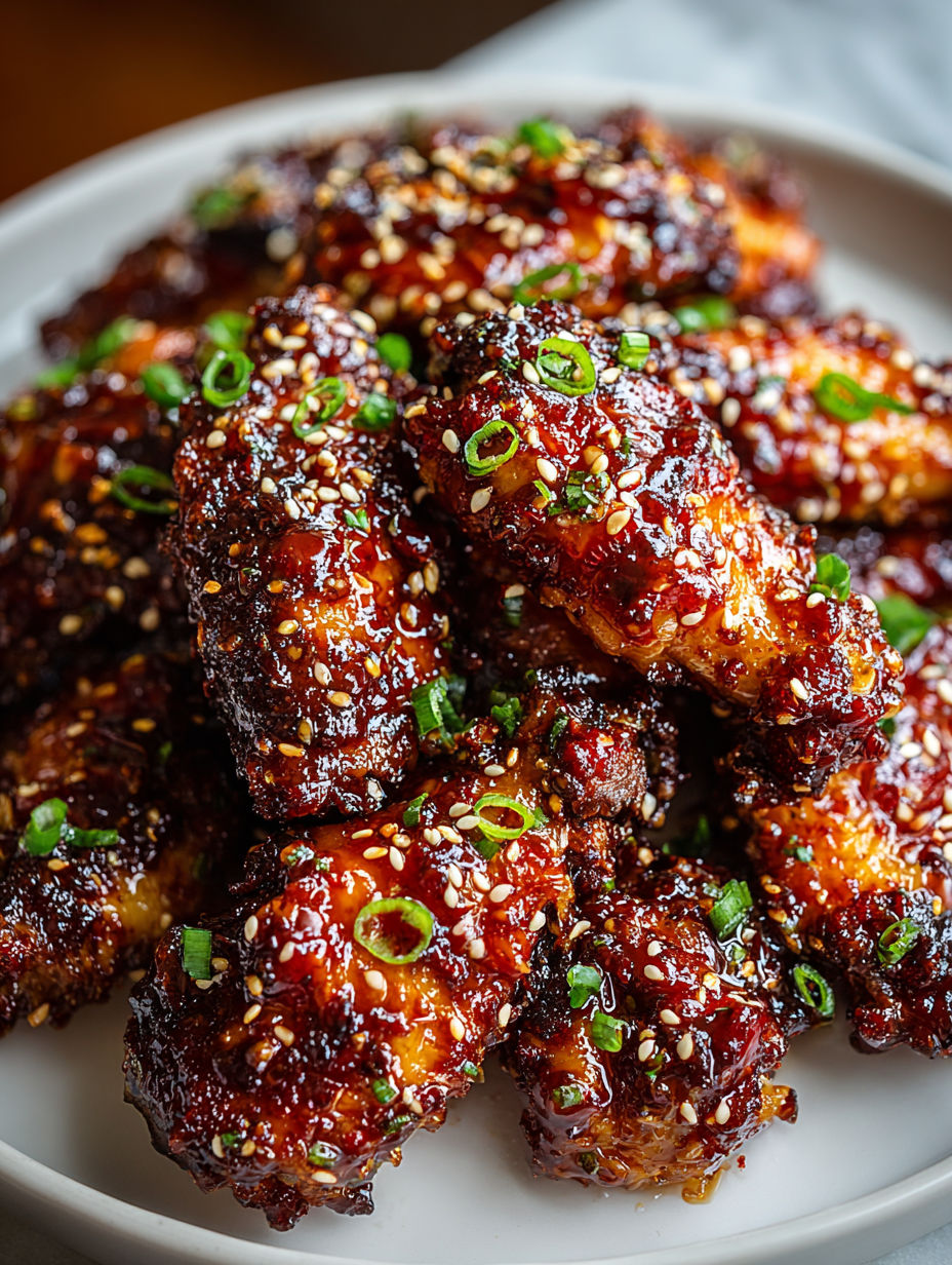 A plate of spicy Korean chicken wings with gochujang sauce.