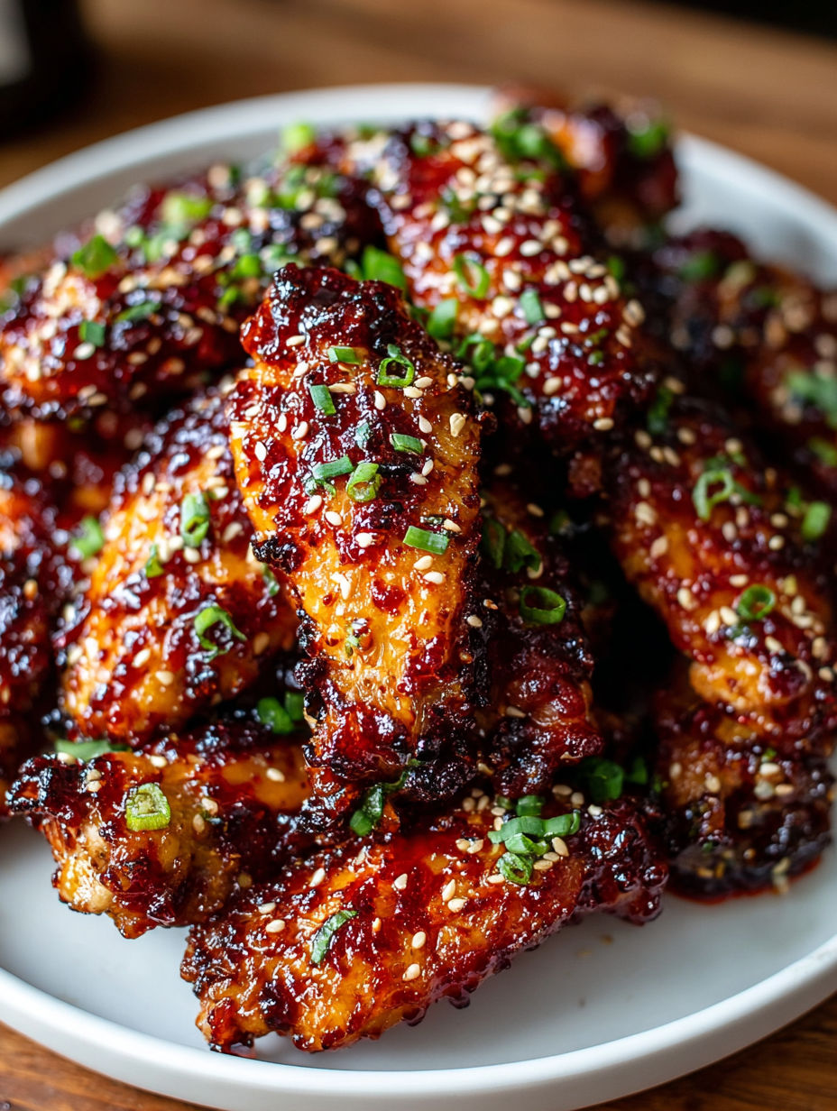 A plate of spicy Korean chicken wings with gochujang sauce.