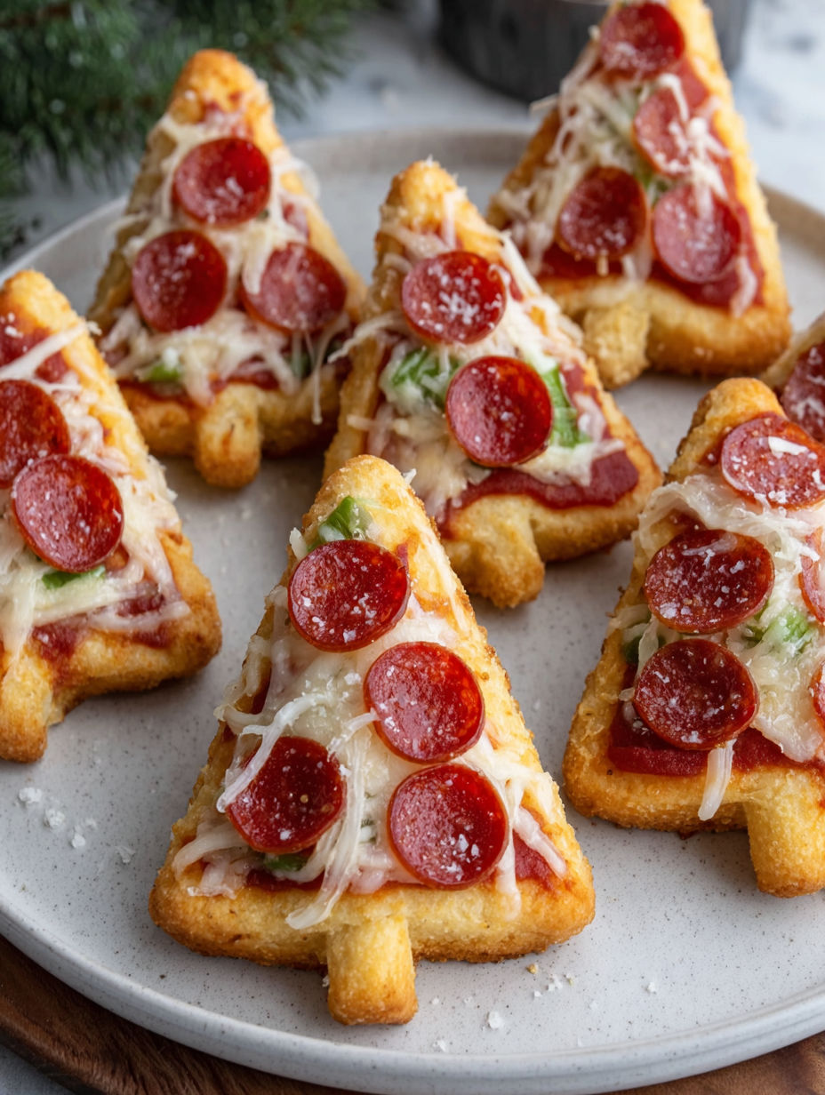 Mini pizzas shaped like Christmas trees.