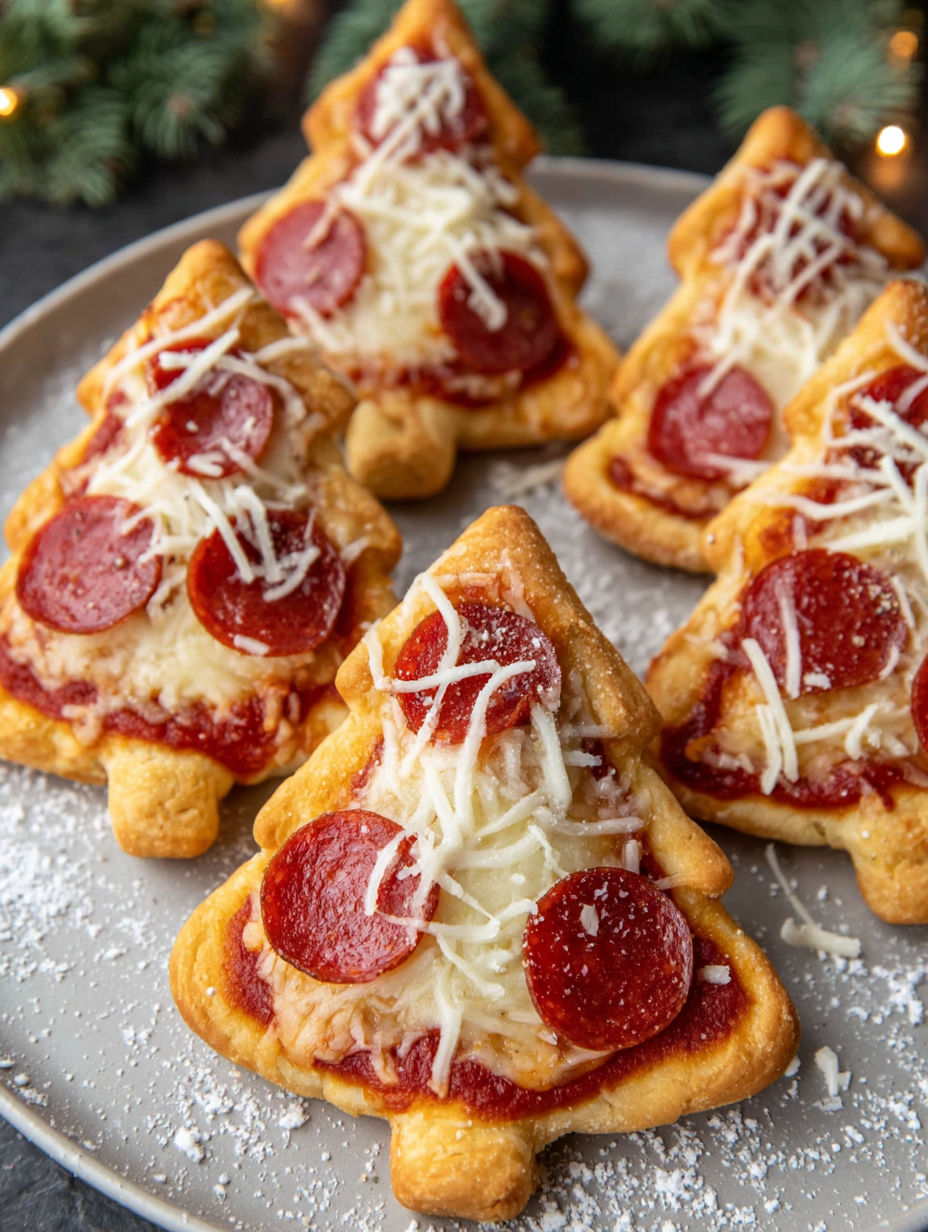 A plate of mini pizzas shaped like Christmas trees.
