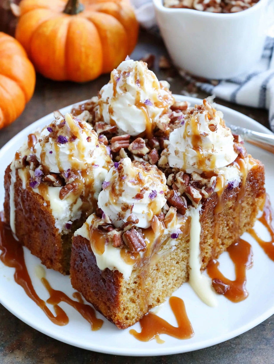 A slice of pumpkin caramel bourbon poke cake.