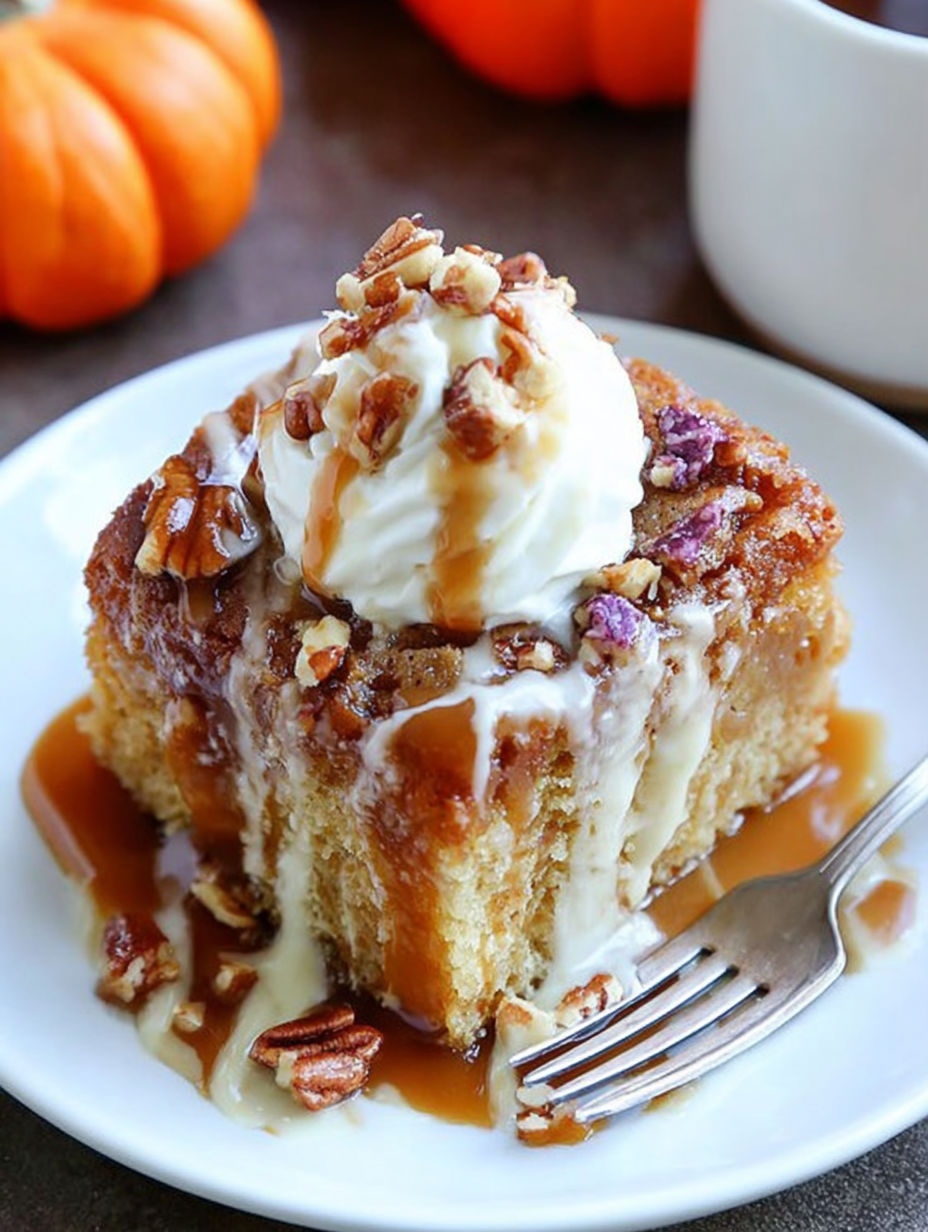 A slice of caramel bourbon poke cake with a dollop of whipped cream on top.