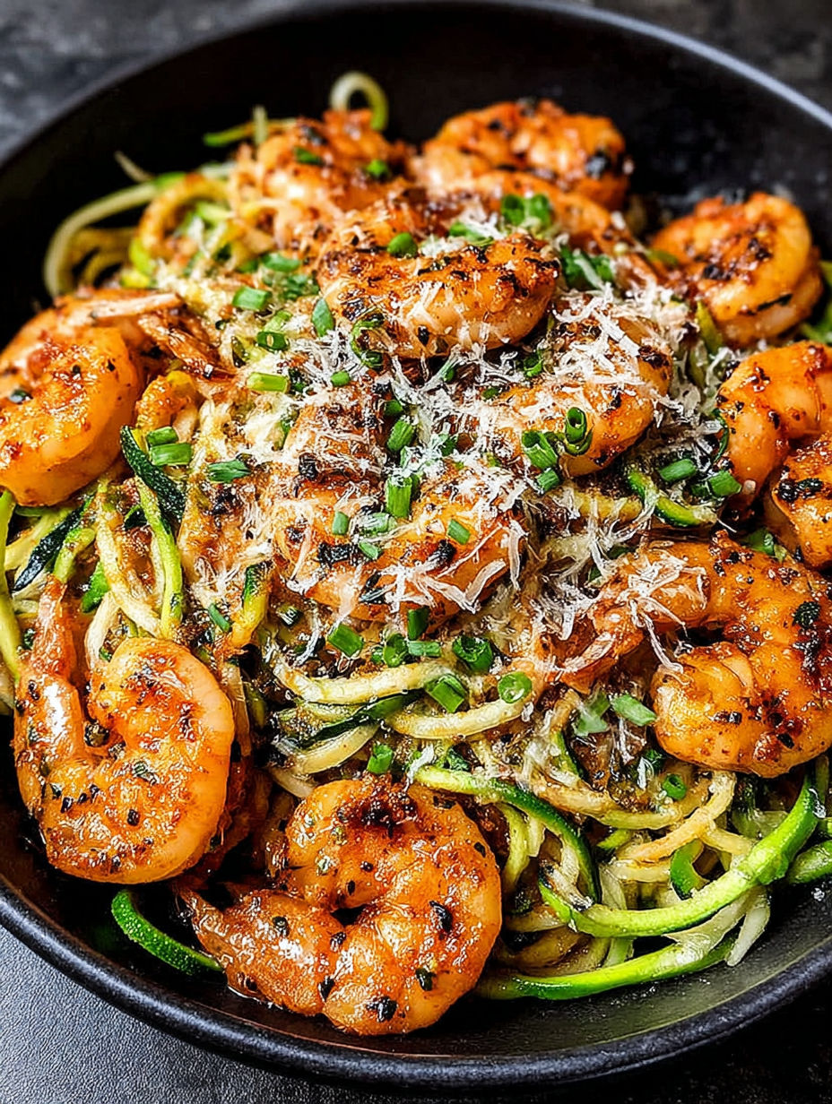 A bowl of shrimp scampi zoodles with cheese.