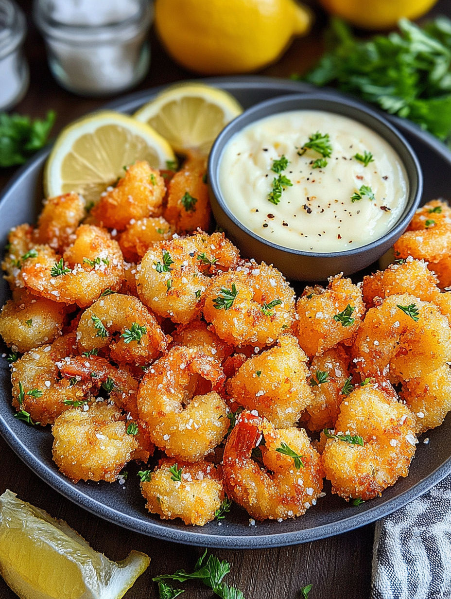 A plate of shrimp with a bowl of dipping sauce.