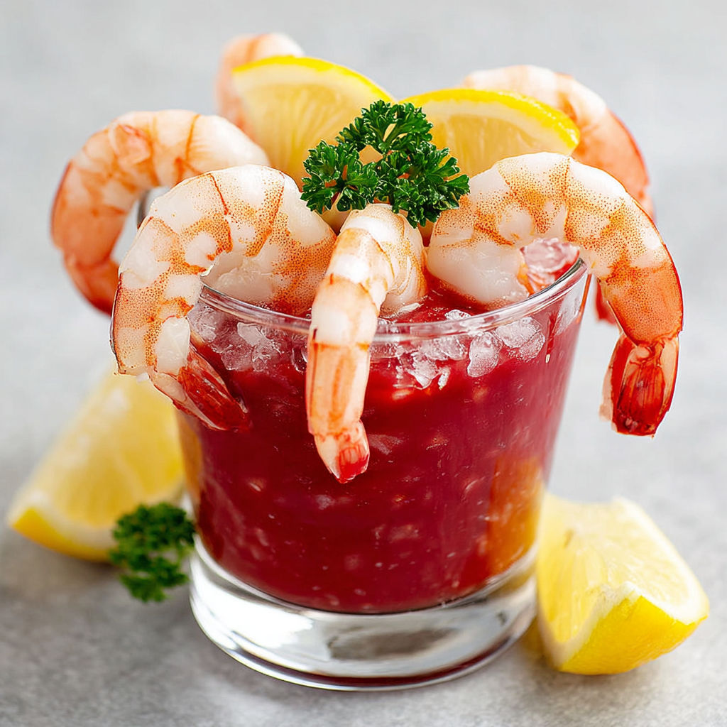 A glass of shrimp cocktail with lemon wedges.