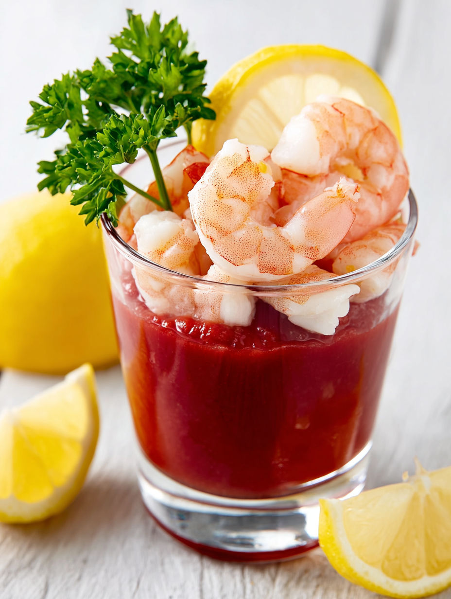A glass of shrimp cocktail with lemon wedges.