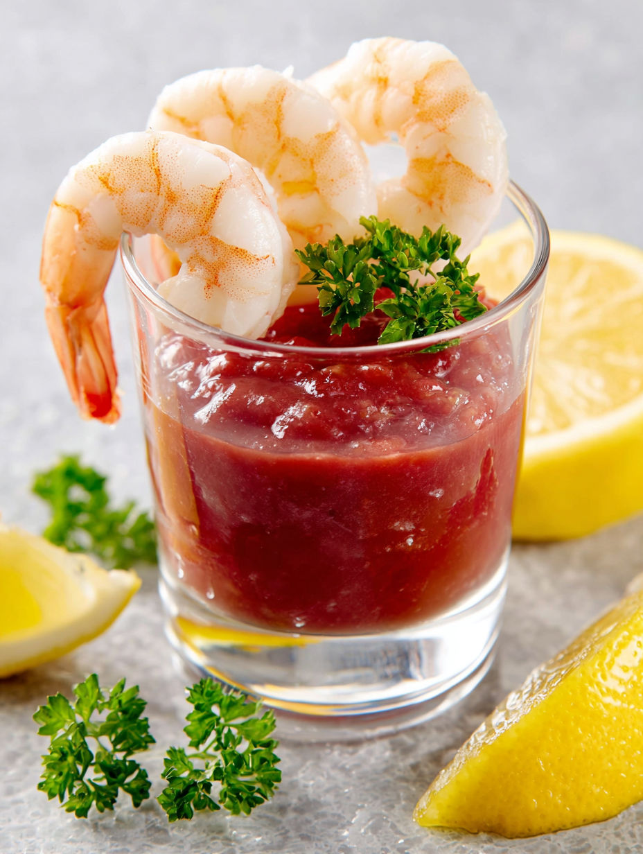 A glass of shrimp cocktail with lemon wedges.