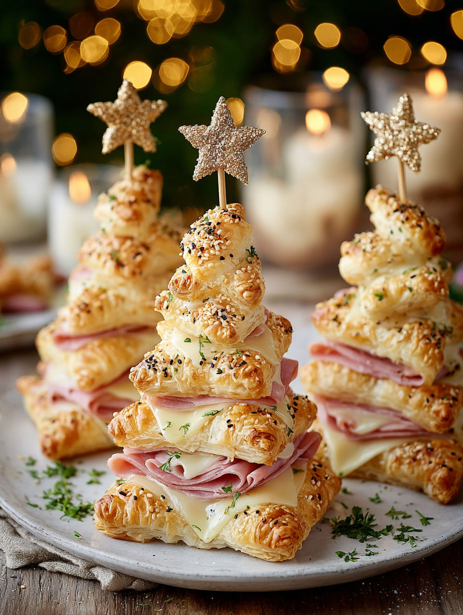Three Christmas trees made of ham and cheese puff pastry.