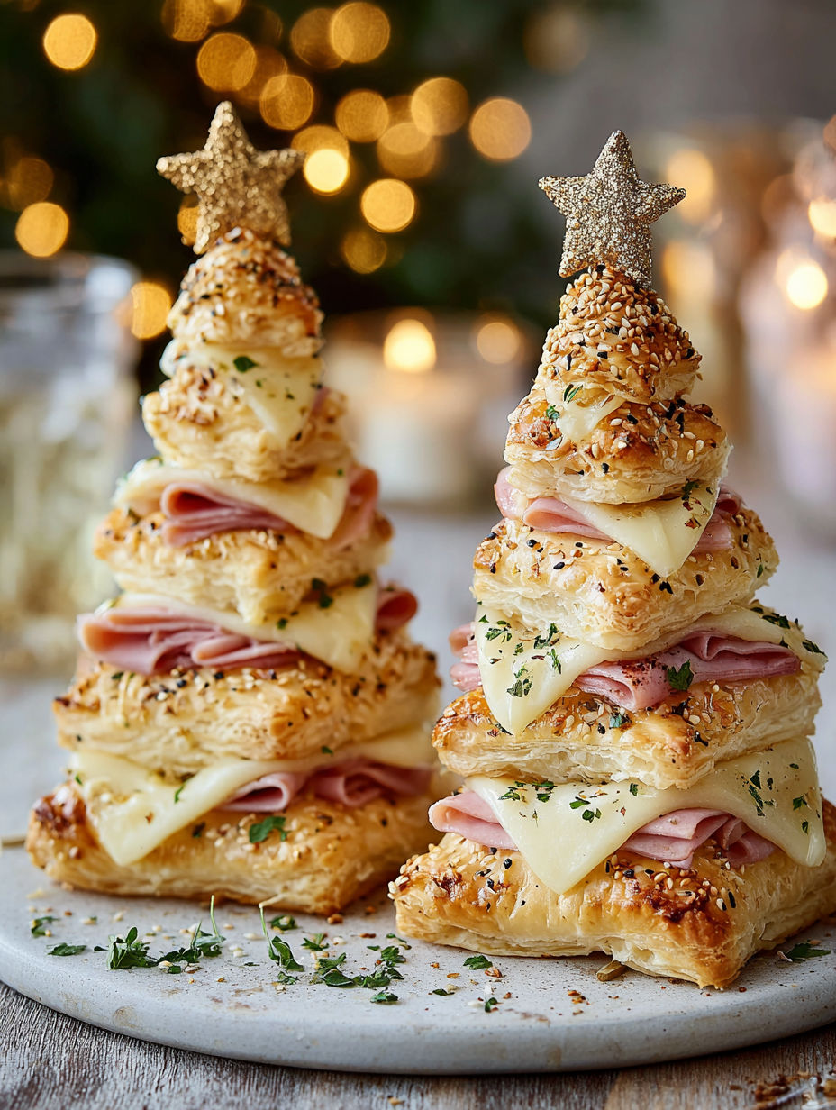 Three stacked ham and cheese puff pastry trees.