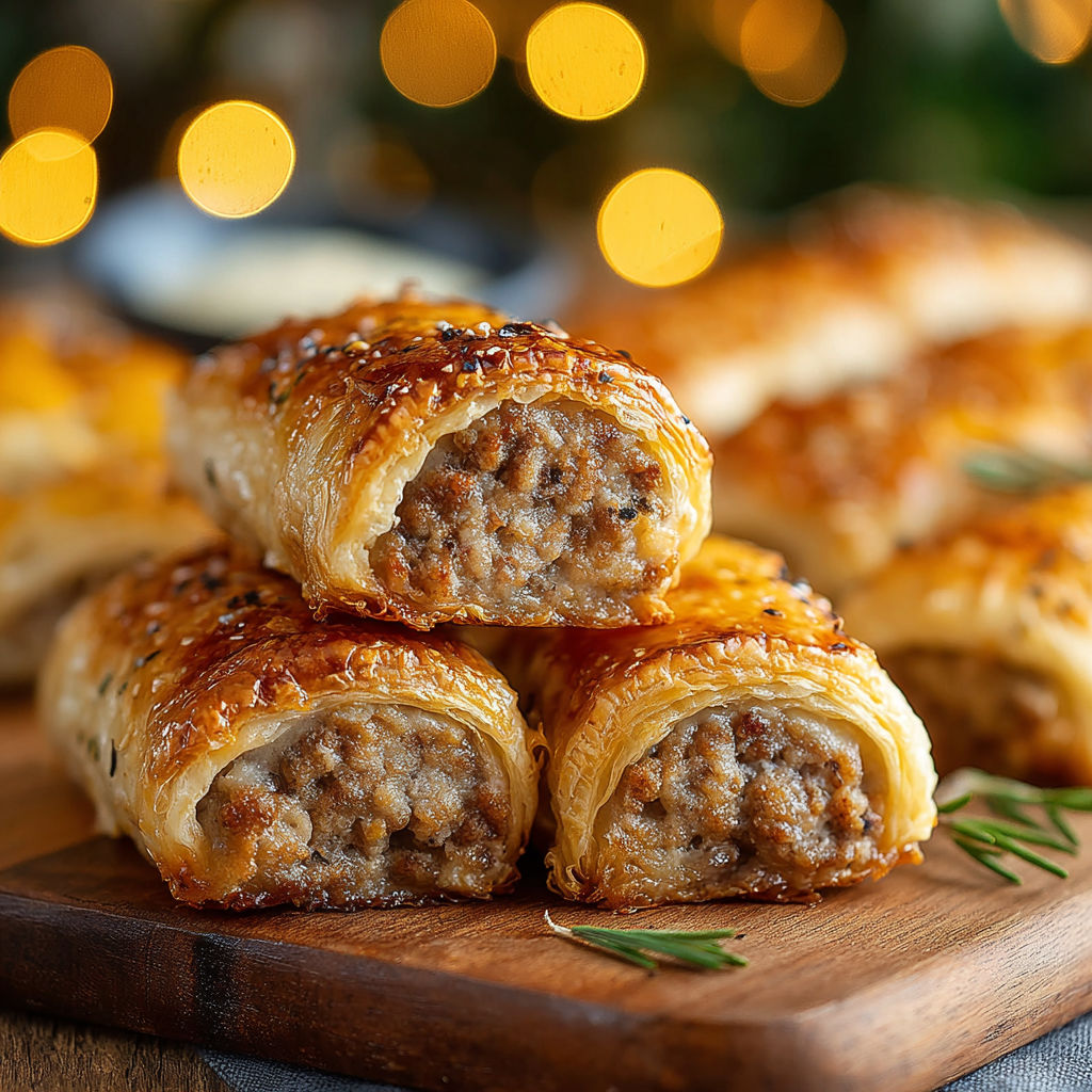A plate of sausage rolls with a sprig of parsley on top.