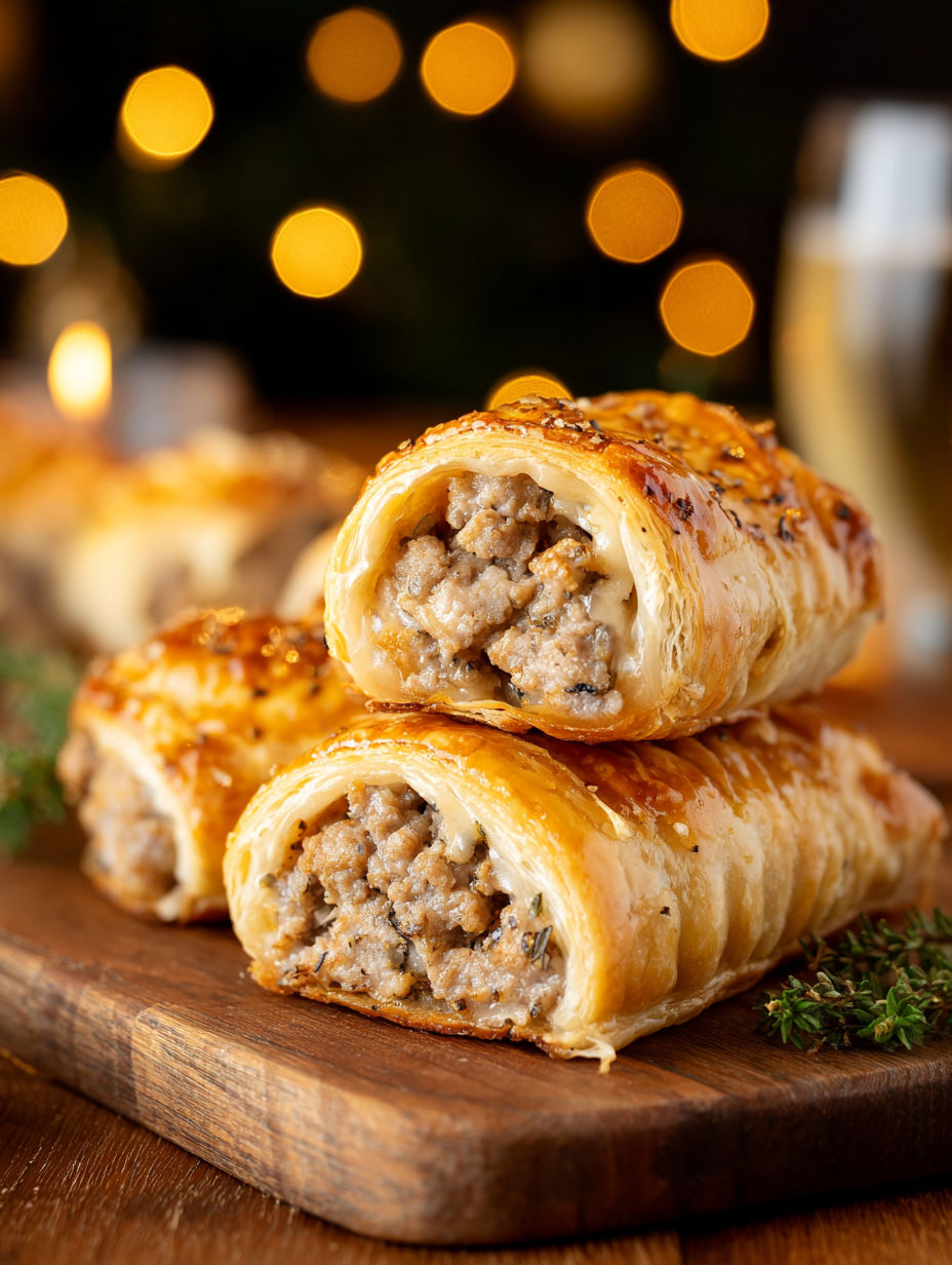 Three sausage rolls on a wooden table.