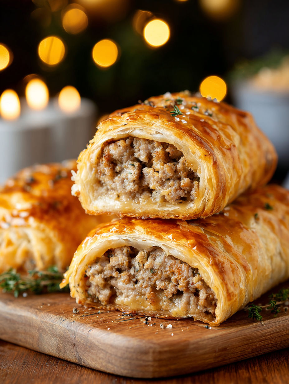 Three sausage rolls on a wooden table.