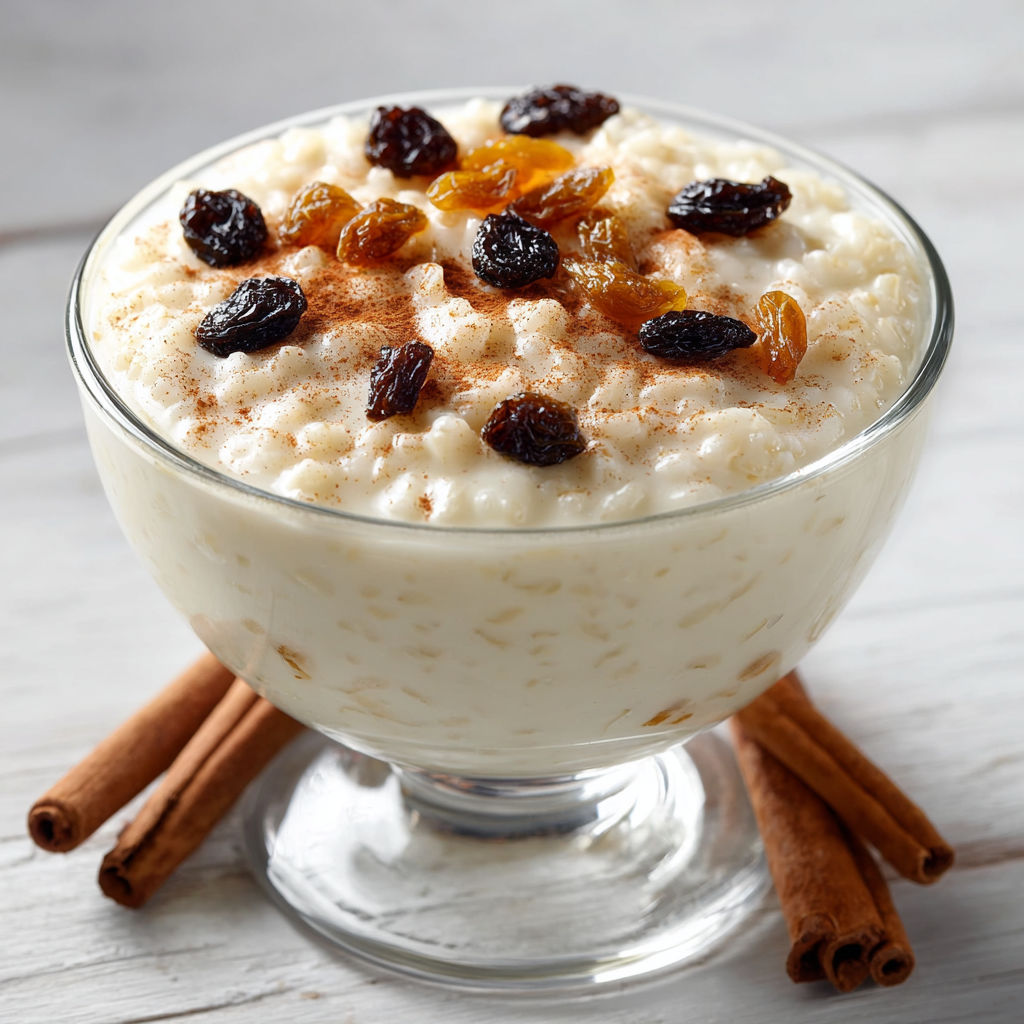 A glass bowl of rice pudding with cinnamon sticks on top.