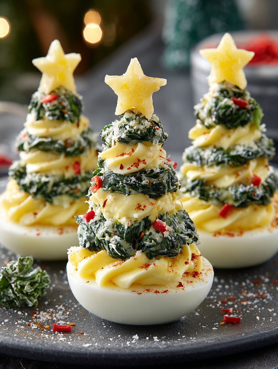 Two egg trees with red and green toppings.