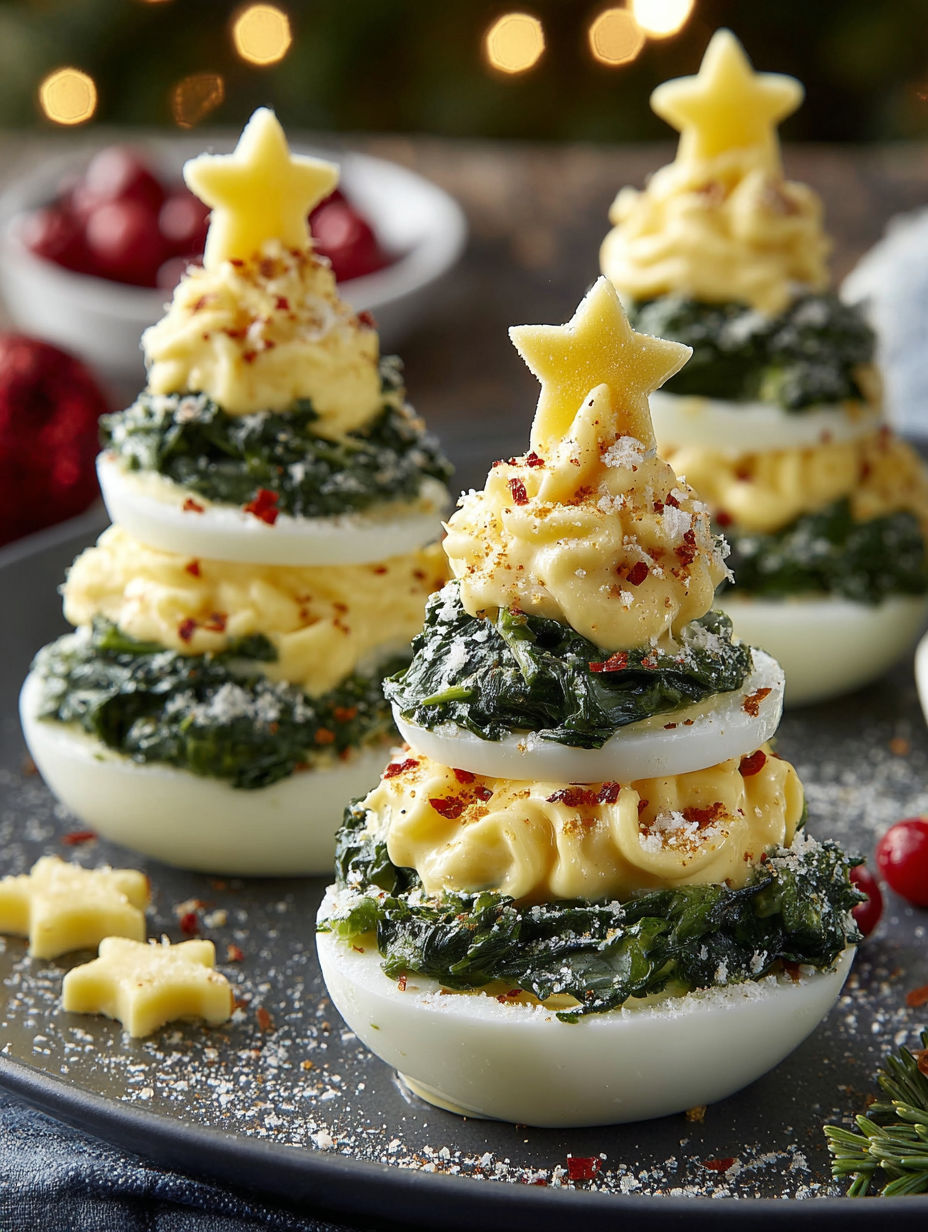 Eggs are decorated to look like Christmas trees.