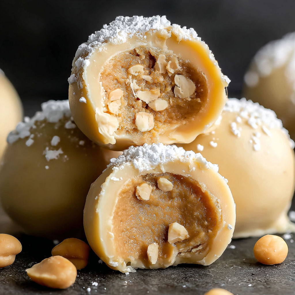 Three balls of peanut butter with nuts on top.