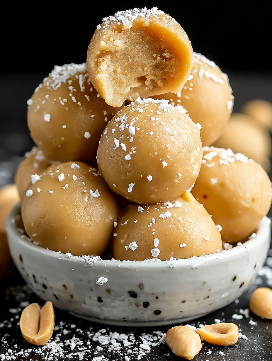 A bowl of peanut butter balls with sugar on top.